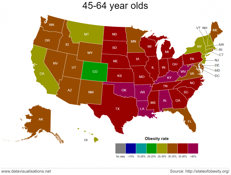 Obesity rates by state for adults 45-64