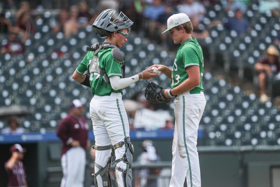 Wall faces London during the Class 3A semifinal on Friday, June 9, 2023, at Dell Diamond in Round Rock, Texas. 