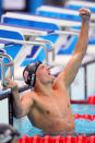 Ryan Lochte of the United States celebrates victory after the Men's 200m Backstroke Final at the National Aquatics Center on Day 7 of the Beijing 2008 Olympic Games on August 15, 2008 in Beijing, China. Lochte won in a new world record time of 1:53.94