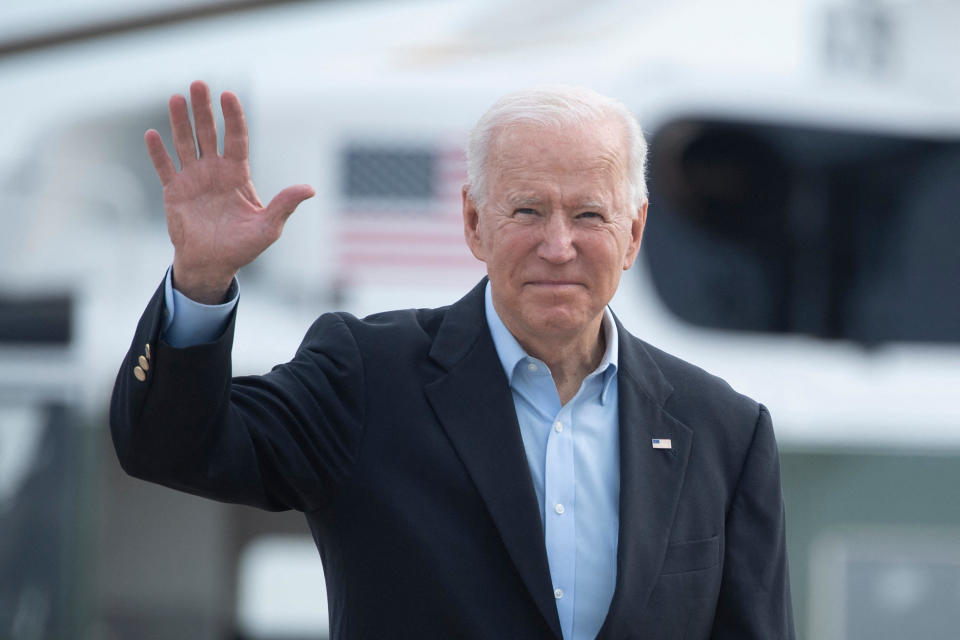 President Biden boards Air Force One at Andrews Air Force Base in Maryland before departing for the U.K. and Europe to attend a series of summits on June 9, 2021. / Credit: BRENDAN SMIALOWSKI/AFP via Getty Images