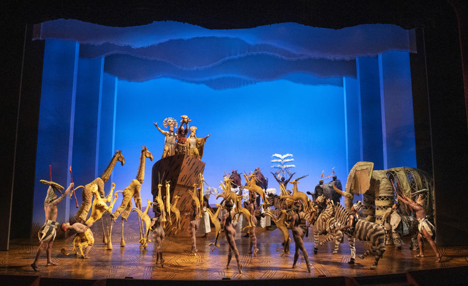 This image released by Disney Theatricals shows the company during a performance of "The Lion King on Broadway," in New York on Sept. 14, 2022. The musical turns 25 years old on Broadway this month. (Matthew Murphy/Disney Theatricals via AP)