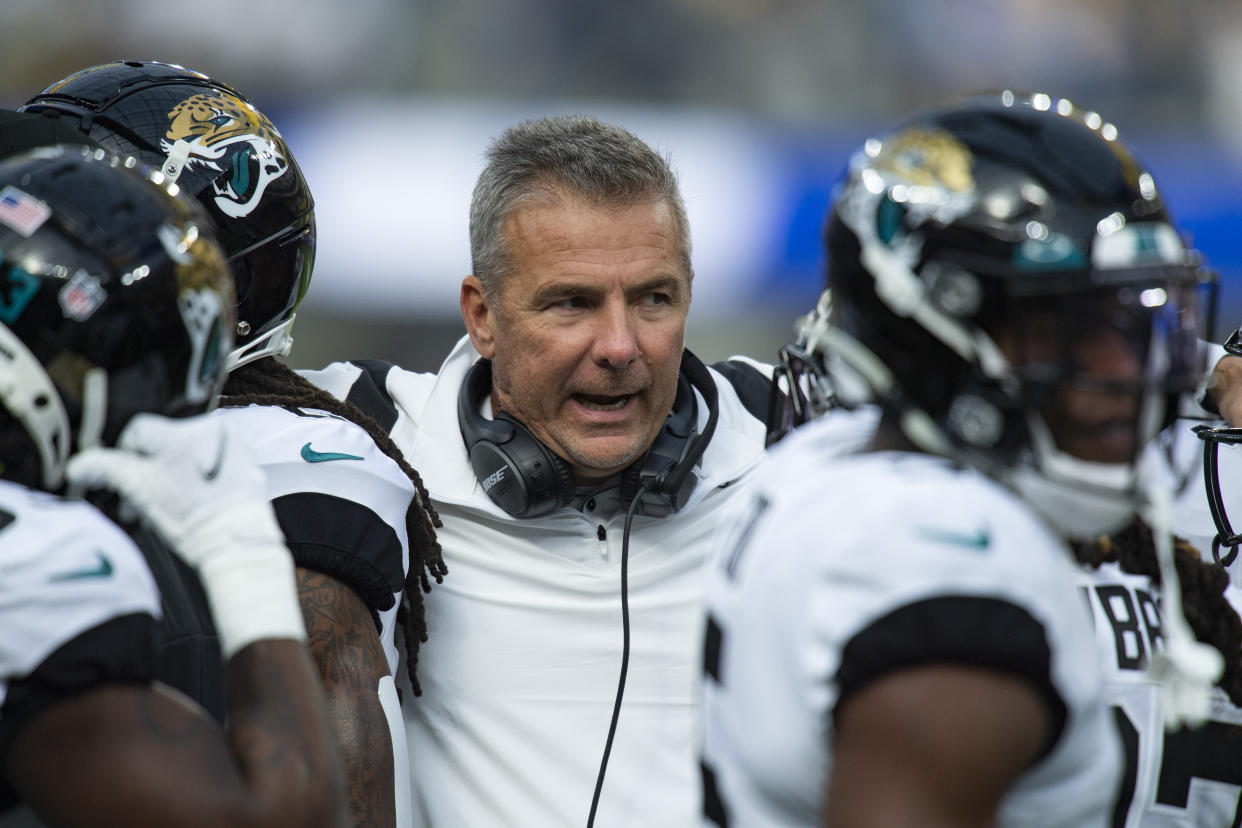 Jacksonville Jaguars head coach Urban Meyer on the sideline while playing the Los Angeles Rams during an NFL Professional Football Game Sunday, Dec. 5, 2021, in Inglewood, Calif. (AP Photo/John McCoy)
