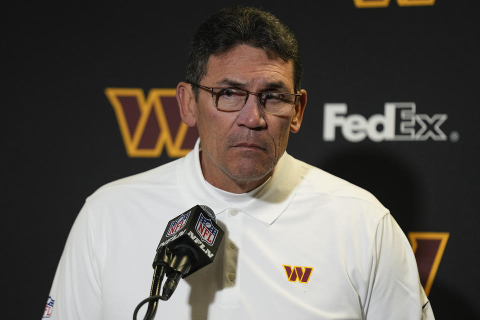 Washington Commanders head coach Ron Rivera answers questions during a news conference after an NFL football game against the New York Jets, Sunday, Dec. 24, 2023, in East Rutherford, N.J. (AP Photo/Seth Wenig)