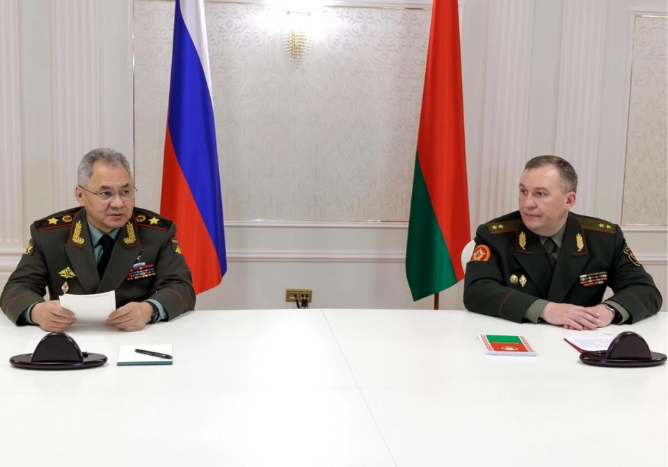 Russian defence minister Sergei Shoigu, left, and Belarusian defence minister Viktor Khrenin, in Minsk on Thursday (Russian Defense Ministry Press Service)