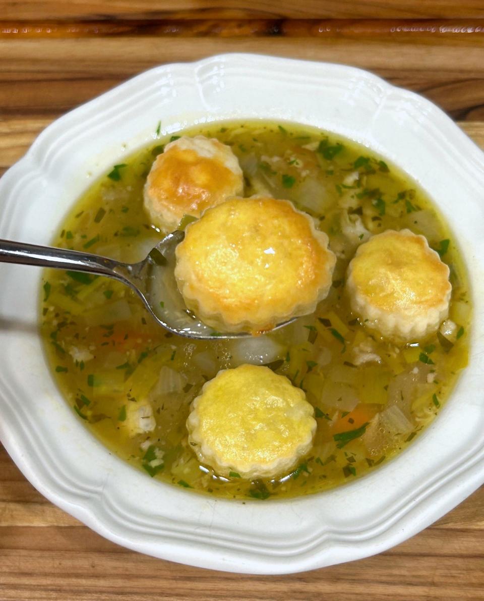 Ina Garten's chicken pot pie soup with close-up on crouton