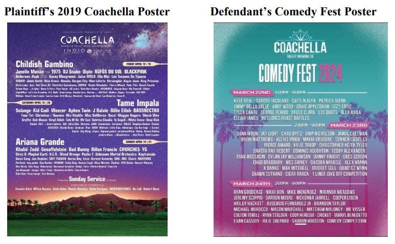 A comparison between a flier for the Coachella Valley Music and Arts Festival, at left, and one for an event from Coachella Valley Brewing Co. The festival's operators say the brewery is violating federal trademark law.