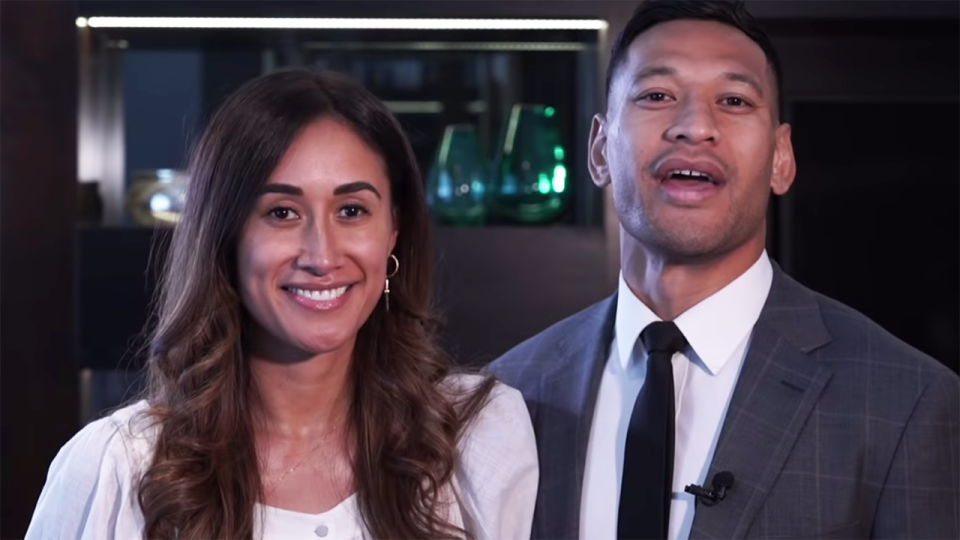 Maria and Israel Folau have posted a video on YouTube, thanking supporters after reaching a settlement with Rugby Australia in the former Wallaby's unfair dismissal lawsuit. Picture: Israel Folau/YouTube