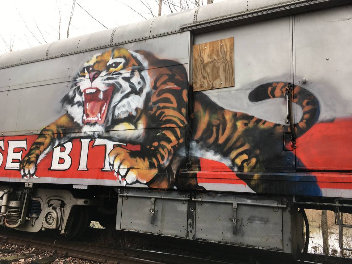 One of the nine rail cars the N.C. Department of Transportation bought from the Ringling Bros. and Barnum & Bailey Circus has paintings of animals on the side, likely added by a graffiti artist at some point after the sale.