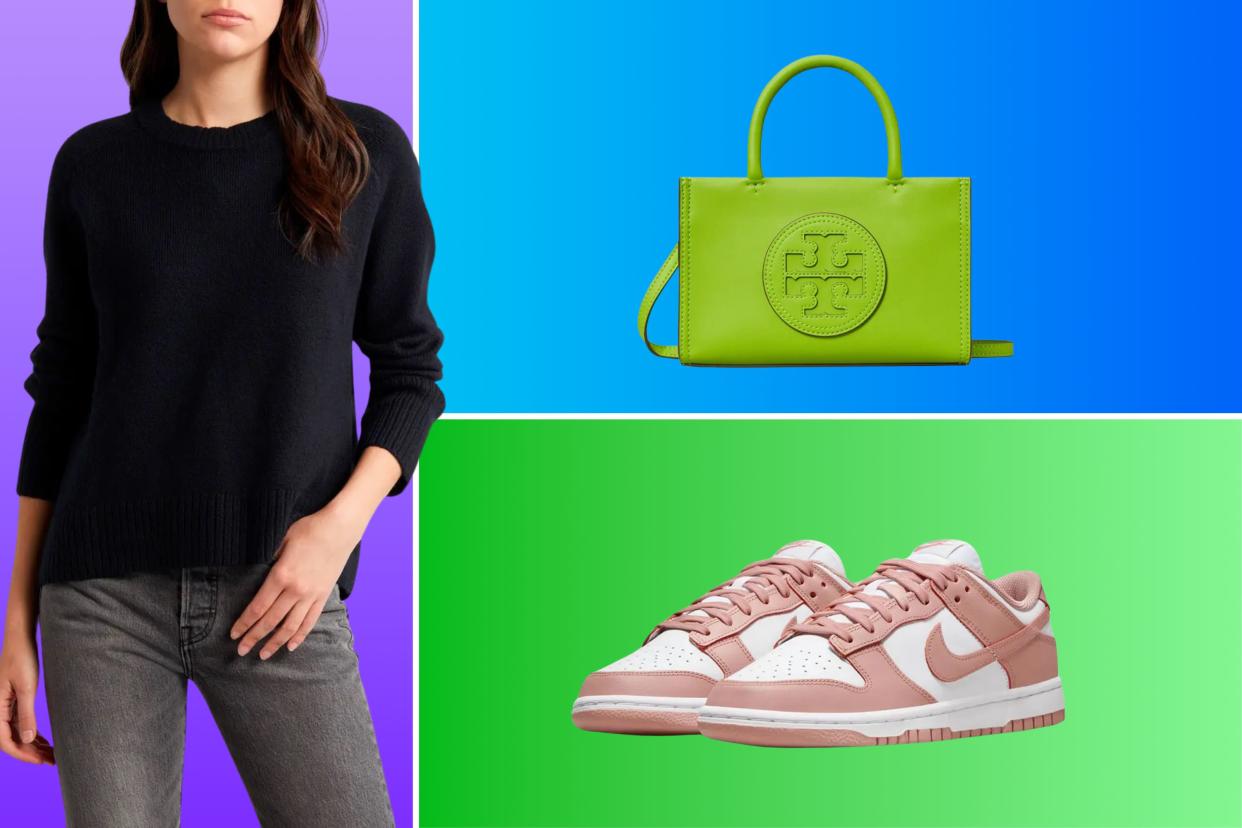 A model wearing a black sweater, pink nike dunks and a green tory burch bag. 