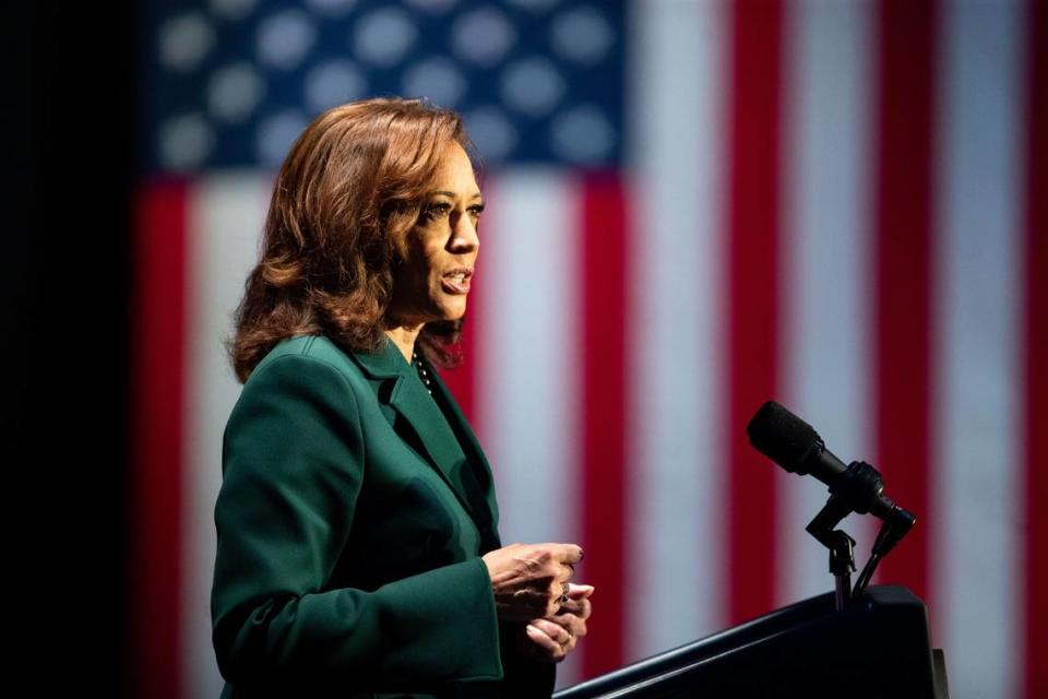 Vice President Kamala Harris speaks to a crowd of hundreds at The Moon in Tallahassee, Florida on the 50th anniversary of Roe v. Wade on Jan. 22.