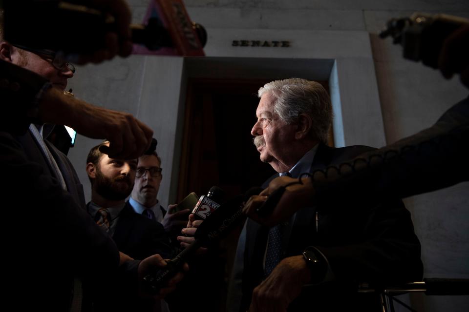 Lt. Gov. Randy McNally, R-Oak Ridge, speaks to members of the press following session at Tennessee state Capitol in Nashville, Tenn., Thursday, March 14, 2024.