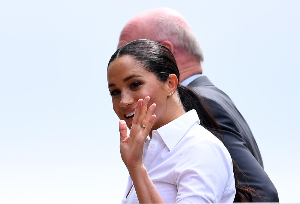 The Duchess of Sussex arrives on day twelve of the Wimbledon Championships at the All England Lawn Tennis and Croquet Club, Wimbledon.