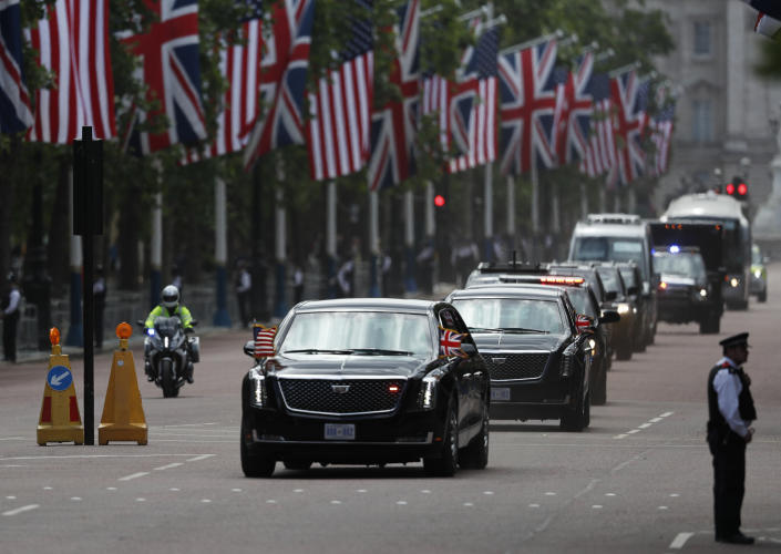 The convoy of U.S President Donald Trump drives down Pall Mall in London, Monday, June 3, 2019, on the opening day of a three day state visit to Britain. (Photo: Frank Augstein/AP)
