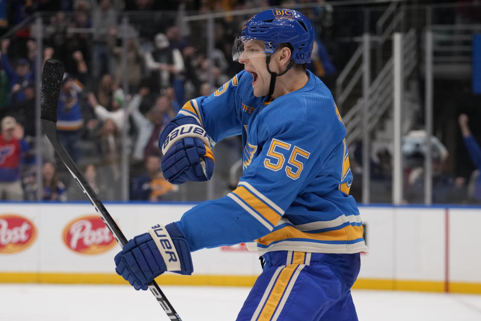 St. Louis Blues' Colton Parayko celebrates after scoring the game-winning goal during overtime of an NHL hockey game against the Dallas Stars Saturday, Dec. 16, 2023, in St. Louis. (AP Photo/Jeff Roberson)