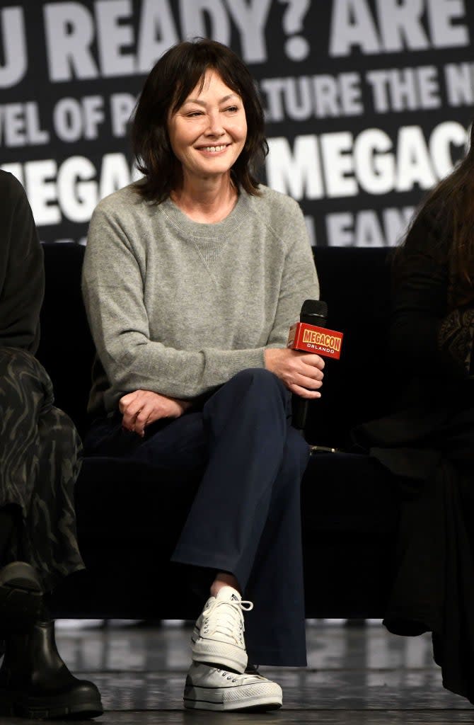 Actress Shannen Doherty speaks during a Q&A session at MegaCon Orlando 2024 at Orange County Convention Center on February 04, 2024 in Orlando, Florida.