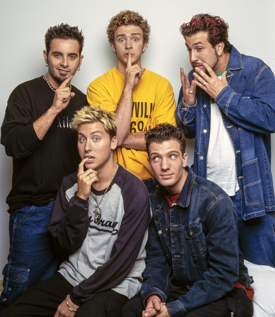 NSync, 2001. Clockwise from back left, Chris Kirkpatrick, Justin Timberlake, Joey Fatone, JC Chasez and Lance Bass. (Tim Roney/Getty Images)