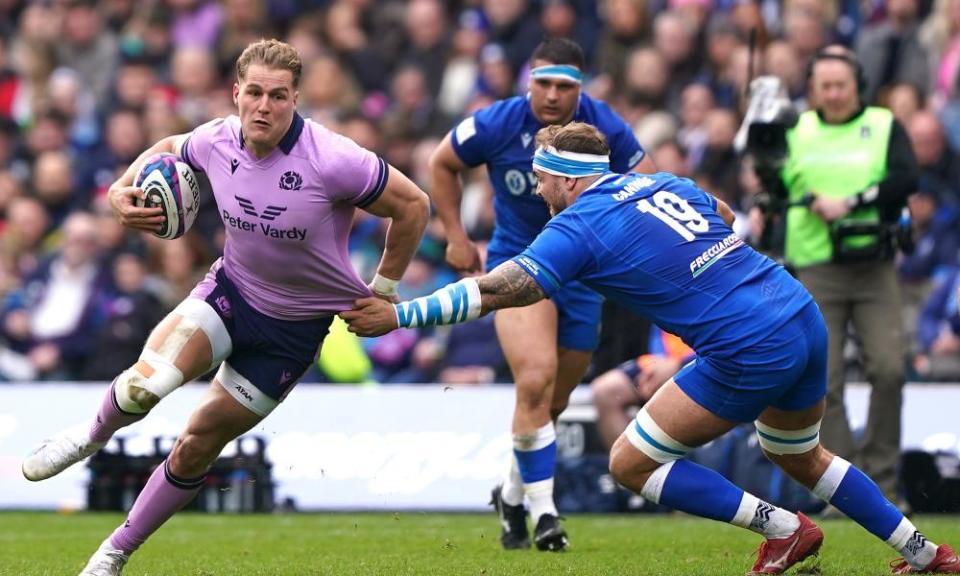 Scotland’s Duhan van der Merwe attempts to get past Italy’s Pierre Bruno in the Six Nations.