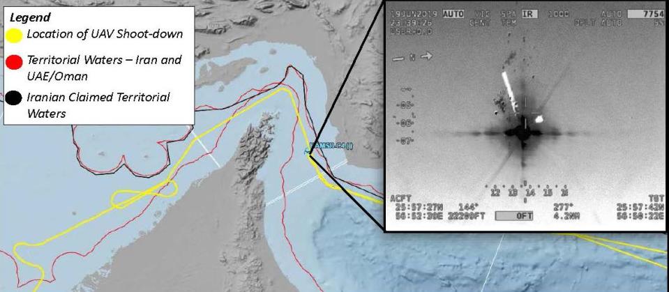 This Pentagon graphic shows the intelligence, surveillance and reconnaissance flight path and grid plot for the RQ-4 shot down in the Strait of Hormuz. (Department of Defense)