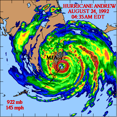 One of the last images taken by the Miami weather radar of Hurricane Andrew on Aug. 24, 1992 before it was destroyed by he storm's Category 5 winds. Courtesy NWS Miami