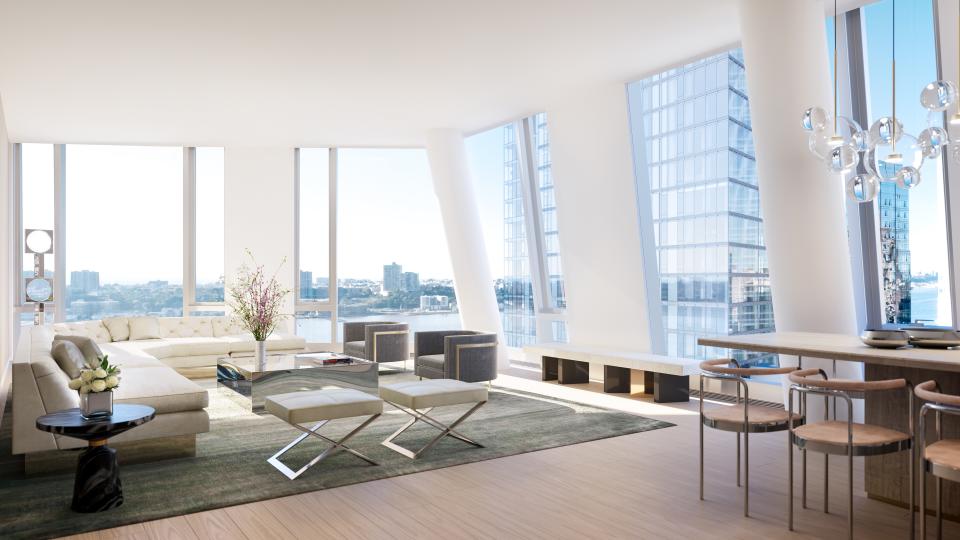 A rendering of a living room in the Richard Meier-designed tower.