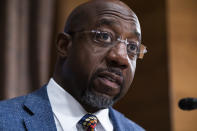 FILE - Sen. Raphael Warnock, D-Ga., questions Treasury Secretary Janet Yellen as she testifies before the Senate Banking, Housing, and Urban Affairs Committee hearing, May 10, 2022, on Capitol Hill in Washington. Herschel Walker will represent the Republican Party in its efforts to unseat Warnock in November. (Tom Williams/Pool via AP, File)