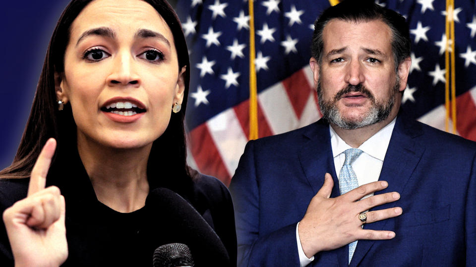 Rep. Alexandria Ocasio-Cortez, Sen. Ted Cruz. (Photo illustration: Yahoo news; photos: AP, Olivier Douliery/Pool via AP)