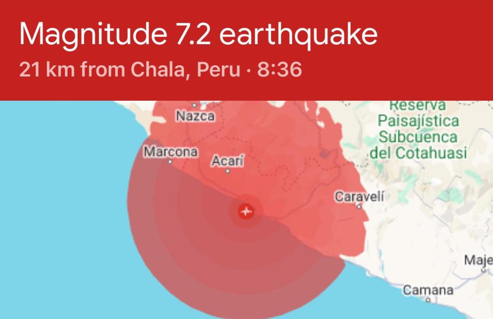 28日，秘魯南部海岸發生規模7.2強震。（圖／翻攝自X）