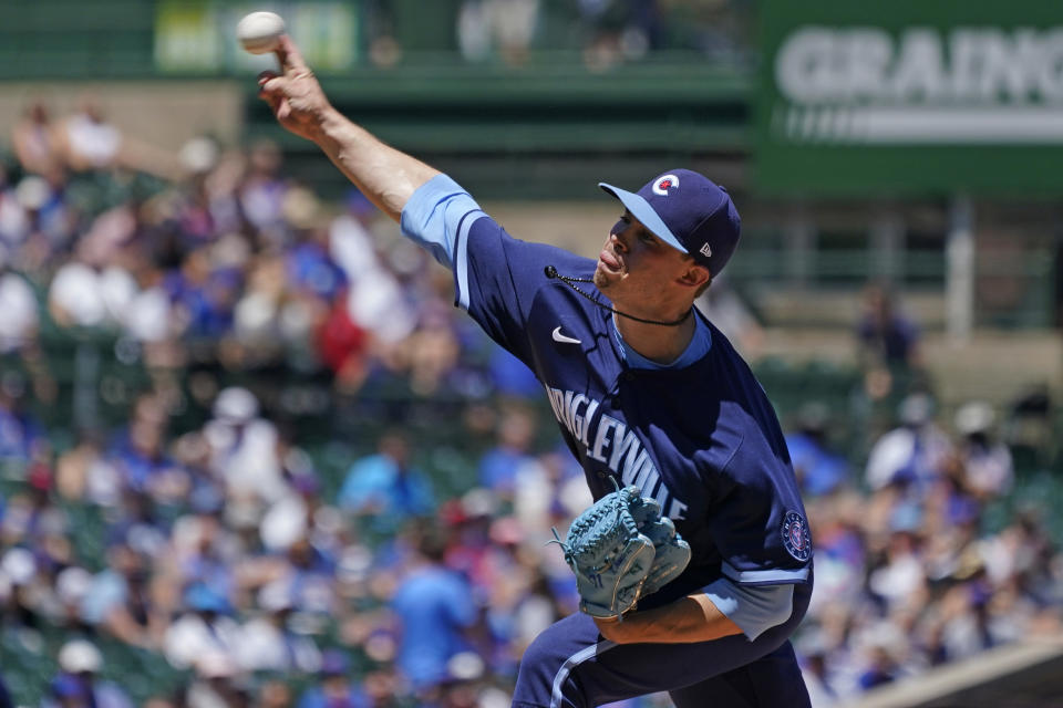 Chicago Cubs starting pitcher Keegan Thompson throws against the Atlanta Braves during the first inning of a baseball game in Chicago, Friday, June 17, 2022. (AP Photo/Nam Y. Huh)