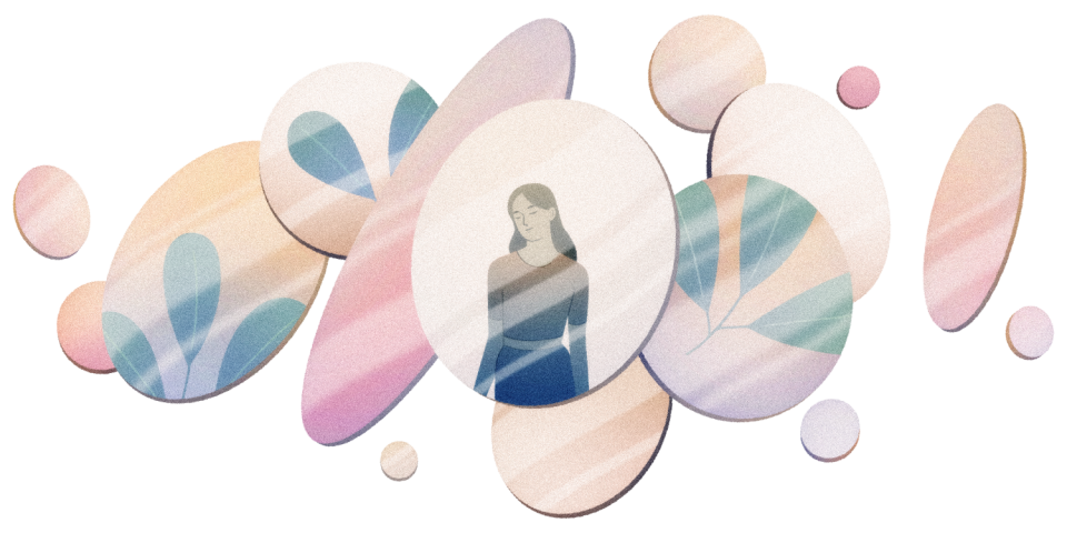 An illustration of a woman in a circle among colorful circles, some with leaves on them