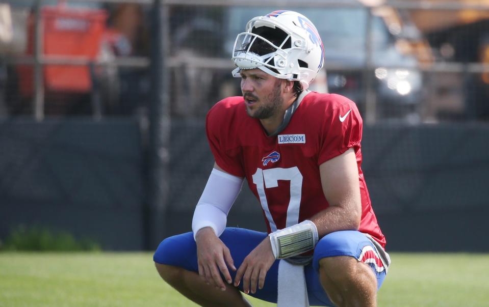 Bills quarterback Josh Allen takes a break between drills during day seven of the Buffalo Bills training camp at St. John Fisher University in Pittsford, Thursday, Aug. 1, 2024.