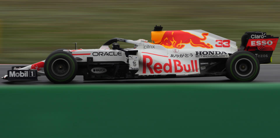 Red Bull driver Max Verstappen of the Netherlands steers his car during the Turkish Formula One Grand Prix at the Intercity Istanbul Park circuit in Istanbul, Turkey, Sunday, Oct. 10, 2021. (AP Photo/Francisco Seco)