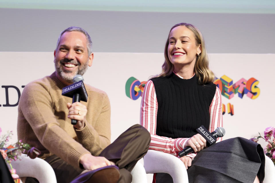 Lee Eisenberg and Brie Larson speak on a panel for Lessons in Chemistry