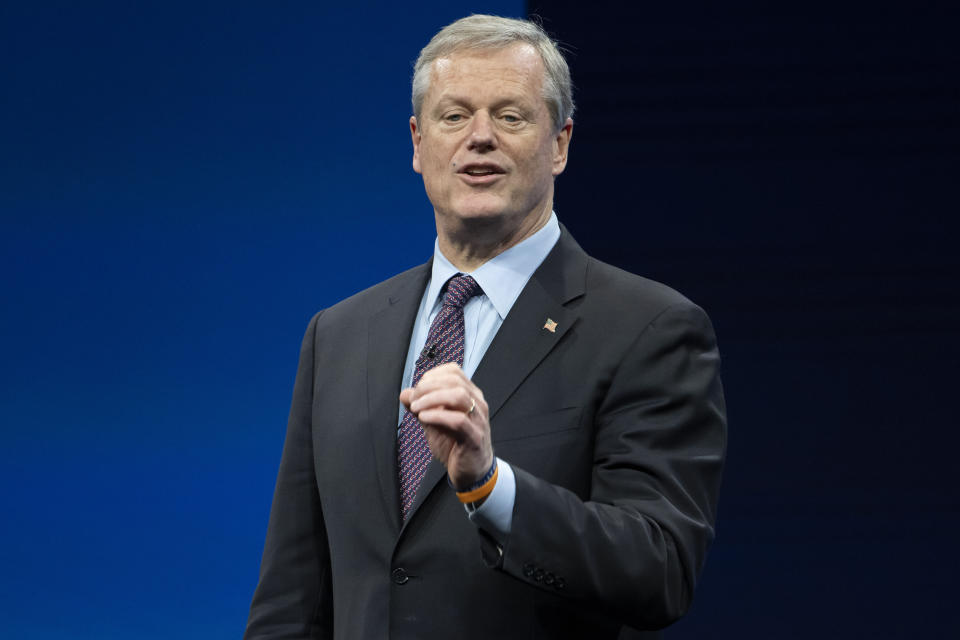 FILE - Incoming NCAA president Charlie Baker speaks during the NCAA Convention, Thursday, Jan. 12, 2023, in San Antonio. Baker wants to create a new tier of Division I where athlete can be paid by schools. The new subdivision for schools with the most athletic resources could offer unlimited educational benefits, enter into name, image and likeness partnerships with athletes and compensate them through a trust fund (AP Photo/Darren Abate, File)