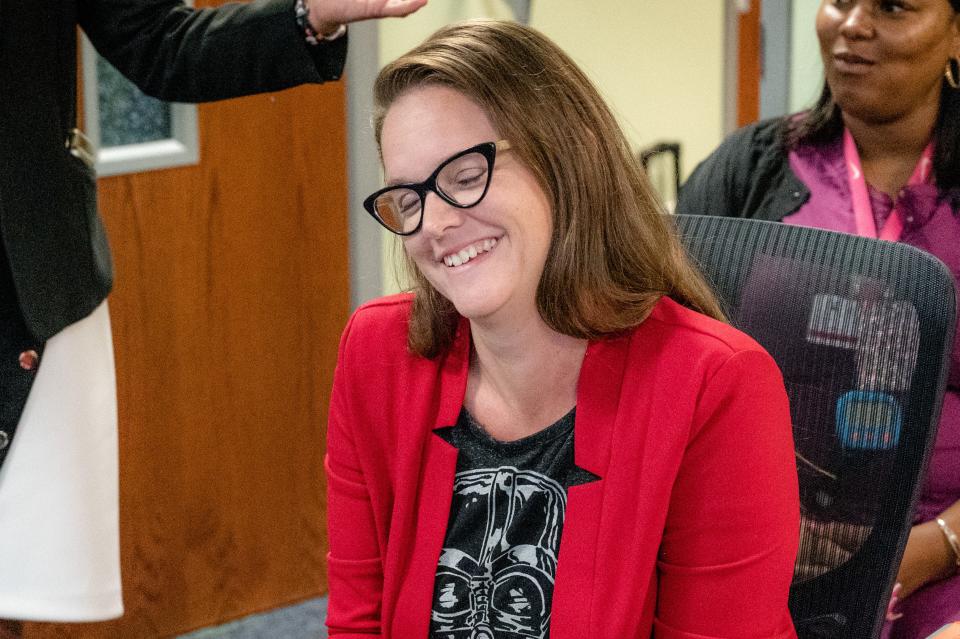 Bunnell Elementary School Assistant Principal Donelle Evensen smiles on Monday, Nov. 28, 2022 after receiving the district's Assistant Principal of the Year award.