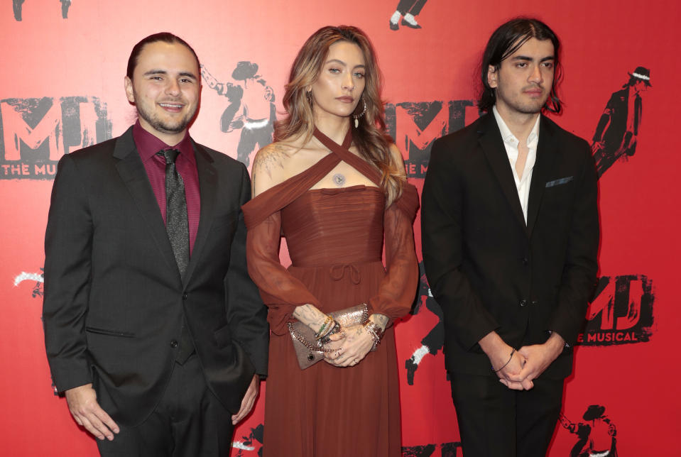 LONDON, ENGLAND - MARCH 27: Prince Jackson, Paris Jackson and Bigi Jackson attend the opening night of "MJ: The Musical" at Prince Edward Theatre on March 27, 2024 in London, England. (Photo by John Phillips/Getty Images)