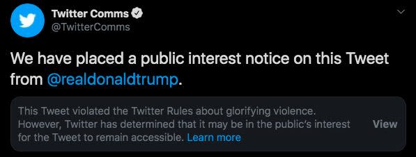 twitter warning trump tweet glorifying violence