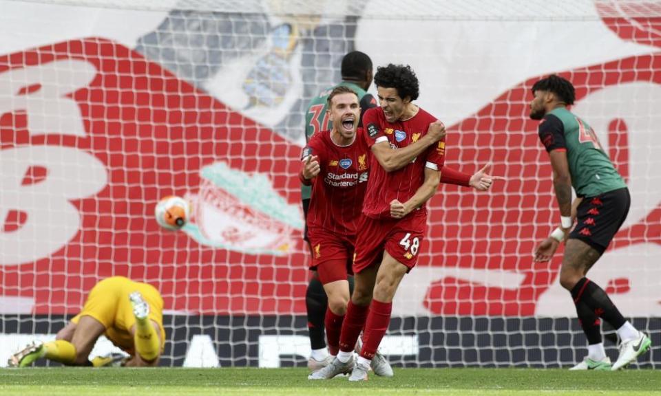 Curtis Jones enjoys his first league goal for Liverpool.