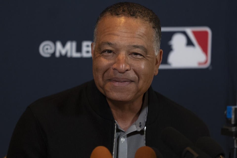 Los Angeles Dodgers manager Dave Roberts responds to questions during the Major League Baseball winter meetings Tuesday, Dec. 5, 2023, in Nashville, Tenn. (AP Photo/George Walker IV)