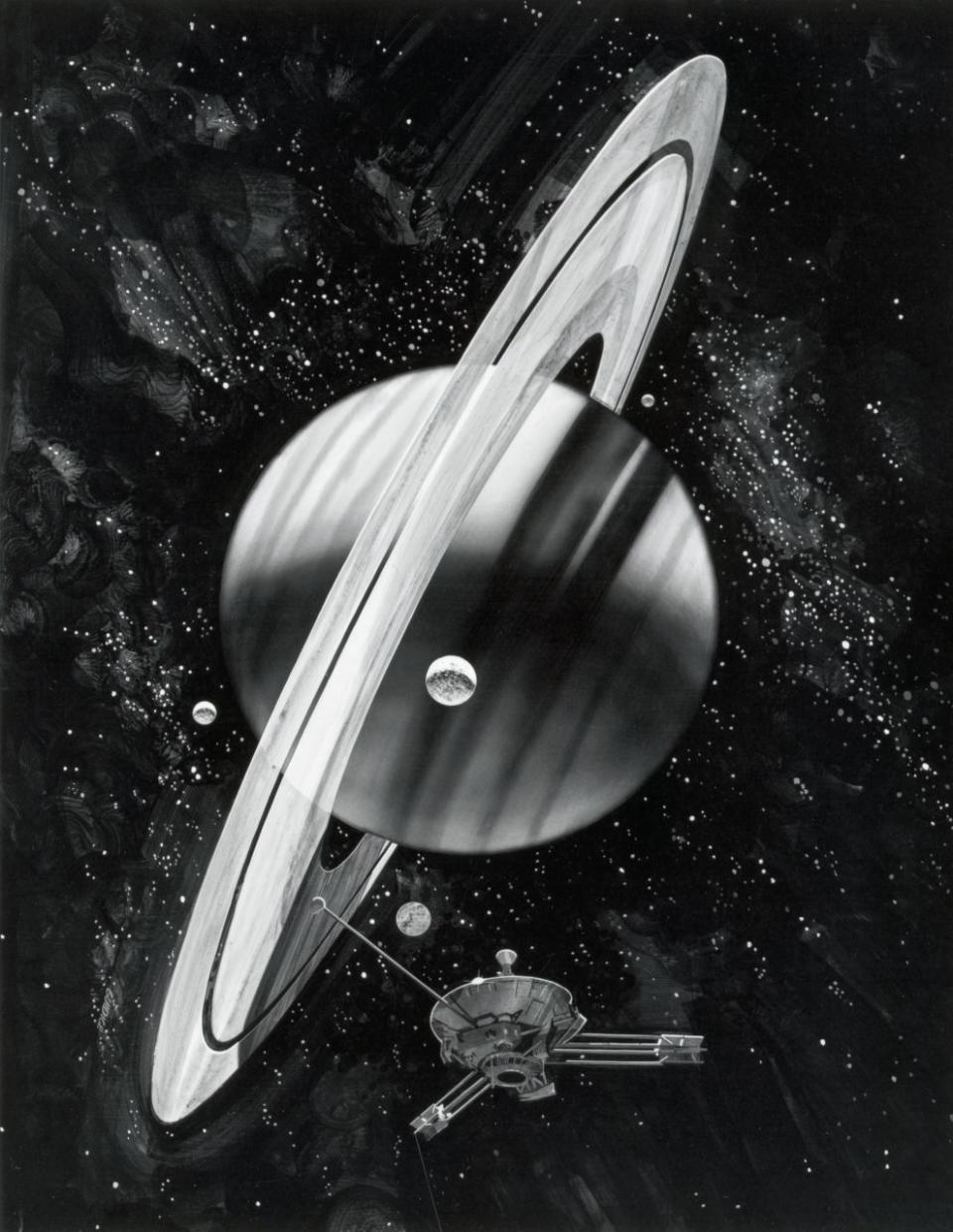 (Original Caption) The first spacecraft to Saturn, Pioneer 11, is approaching the ringed planet, and will make its closest encounter September 1, 1979. This artist's conception shows Pioneer Saturn emerging from Saturn's shadow after passing within 21,400 kilometers (13,300 miles) of the planet's banded cloud tops. The satellite will send back 50 close-up pictures of the planet and its moon, Titan, and will determine if Saturn has a magnetic field and radiation belts.