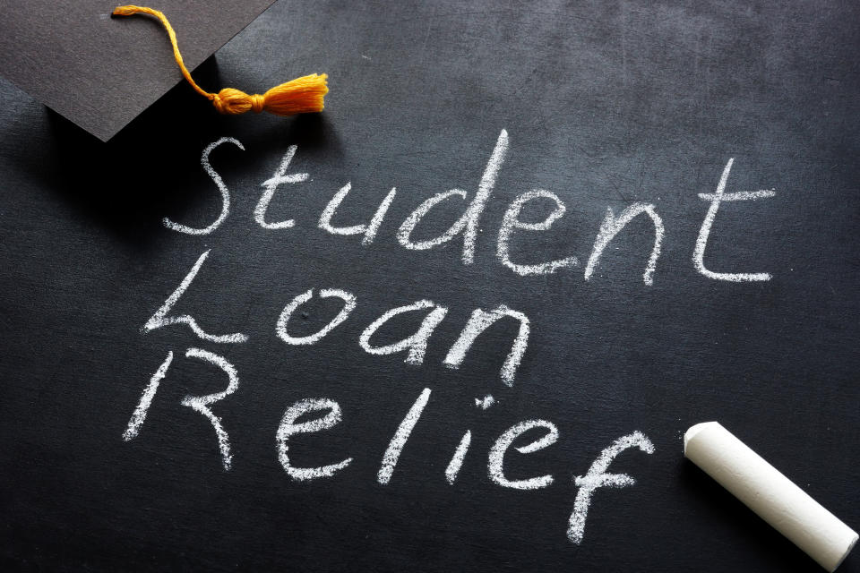 Student loan relief written on the blackboard and graduation cap.