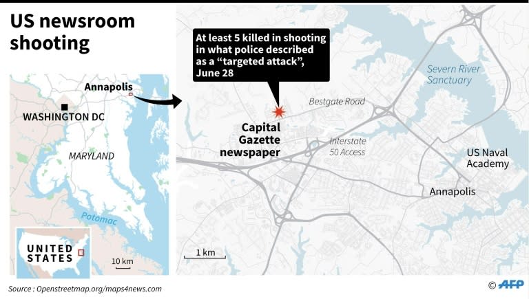 Close-up map of Annapolis in Maryland, where a gunman killed at least five people at the Capital Gazette newspaper