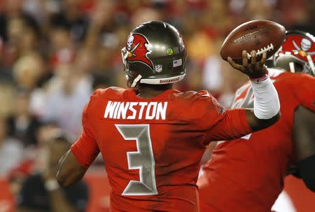Nov 3, 2016; Tampa, FL, USA; Tampa Bay Buccaneers quarterback Jameis Winston (3) drops to throw a pass during the second half of a football game against the Atlanta Falcons at Raymond James Stadium. The Falcons won 43-28. Mandatory Credit: Reinhold Matay-USA TODAY Sports