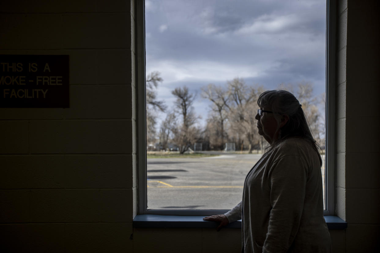 Gloria Runs Close To Lodge-Goggles at the Wyoming Indian Middle School on the Wind River Reservation in Ethete, Wy., on April 26, 2022. (Natalie Behring for NBC News)