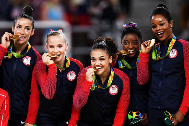 <p>David Ramos/Getty</p> Gabby Douglas and the rest of the "Final Five" at the 2016 Olympics.