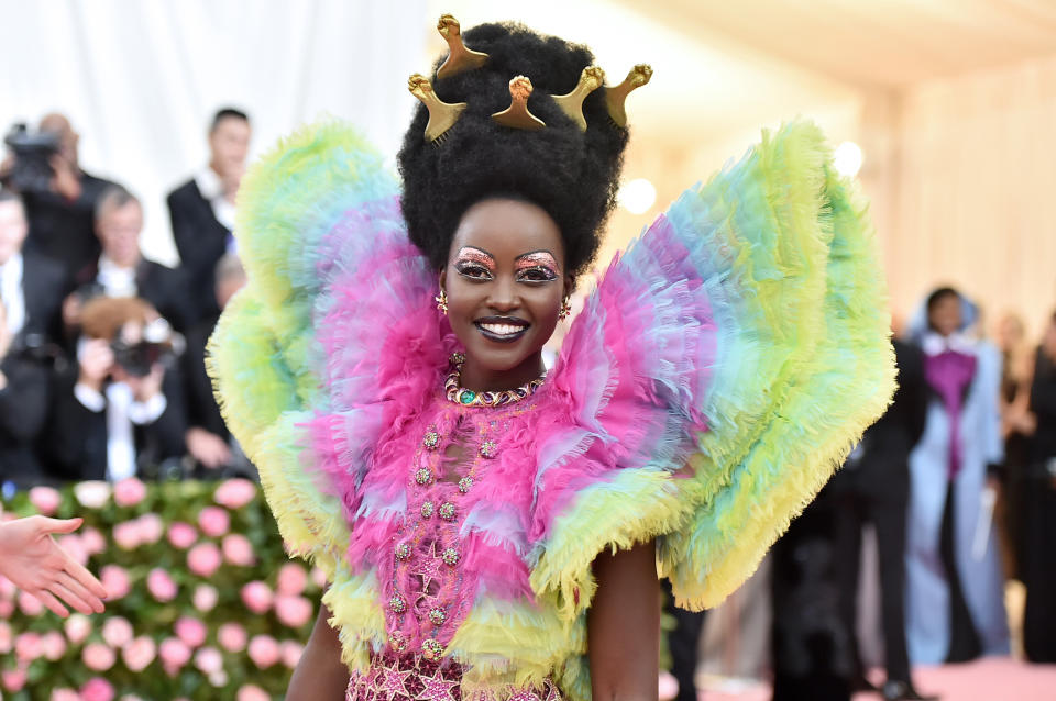 Academy Award winning actress, Lupita Nyong’O wore a rainbow of magnificent heritage BVLGARI jewels to this year’s Met Gala, including a necklace featuring a 41 carat center stone, surrounded by amethysts. The Us star paired the archival pieces with a ring from BVLGARI’s 2019 high jewelry collection, launching this summer. (Photo by Theo Wargo/WireImage)