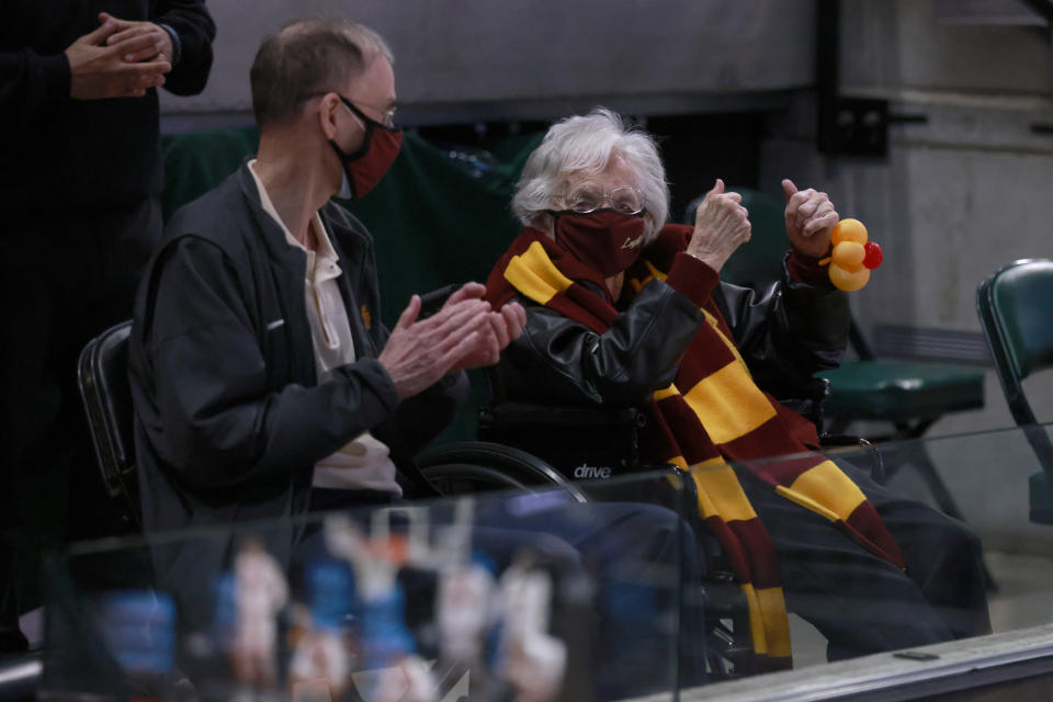 Sister Jean celebrates the Loyola-Chicago Ramblers win over the Illinois Fighting Illini in the 2021 NCAA Tournament