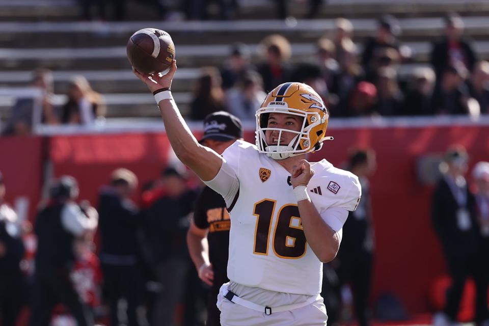 Nov 4, 2023; Salt Lake City, Utah, USA; Arizona State Sun Devils quarterback Trenton Bourguet (16) warms up before the game against the Utah Utes at Rice-Eccles Stadium. Mandatory Credit: Rob Gray-USA TODAY Sports