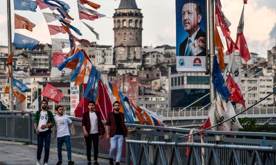 Banners carrying the image of Recep Tayyip Erdoğan are seen throughout Istanbul.