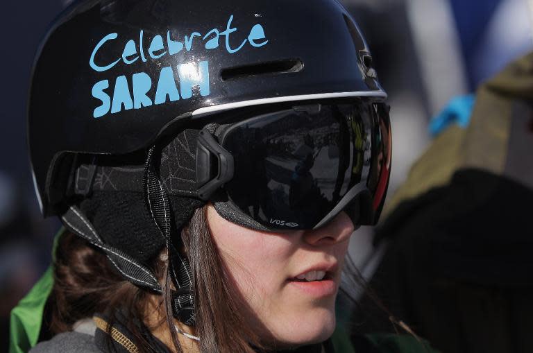Keltie Hansen wears a sticker on her helmet in remembrance of Sarah Burke during Winter X Games 2012 at Buttermilk Mountain on January 28, 2012 in Aspen, Colorado