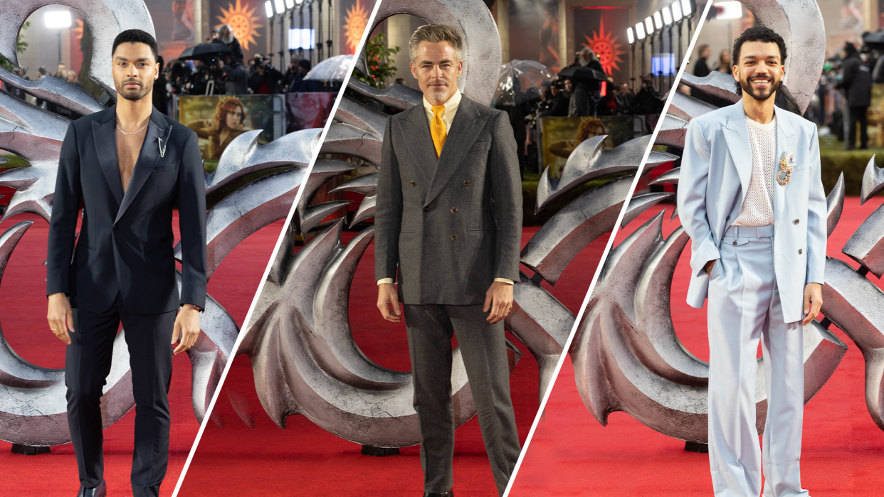 Regé-Jean Page, Chris Pine and Justice Smith attending the United Kingdom premiere of Dungeons & Dragons: Honor Among Thieves at Cineworld Leicester Square in London. (Getty Images) 
